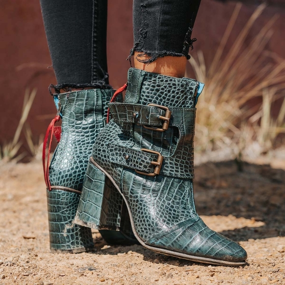 Freebird by Steven Shoes - Freebird Joey Turquoise Croco Leather Pointed Toe Booties